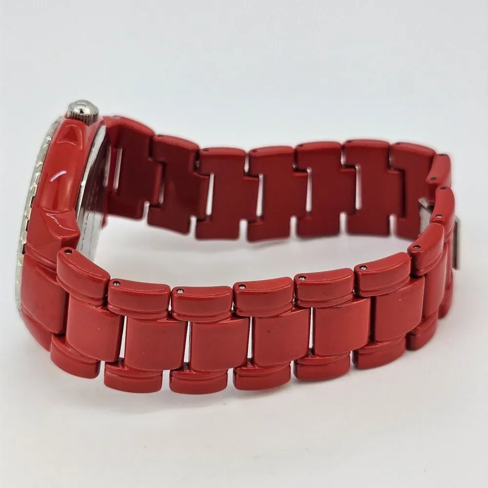 40MM Women's Watch White Dial Gemmed Bezel Red Metal Bands 7.5
